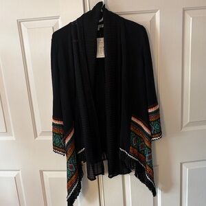 NWT ADORE Brand Bohemian Black Open Front Cardigan with Gorgeous Colorful Trim